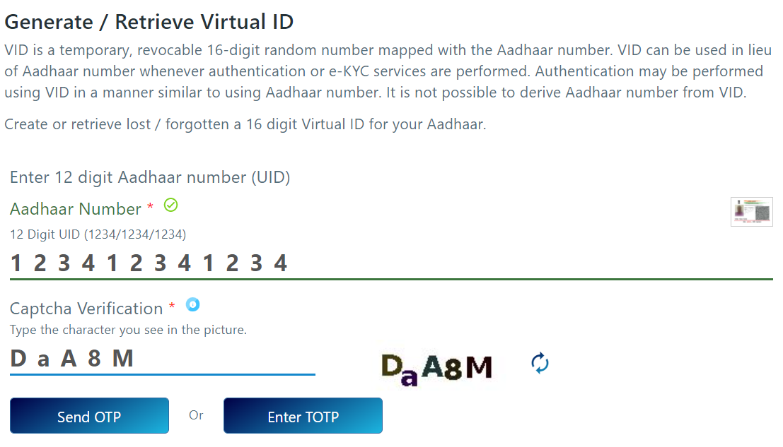 Generate / Retrieve lost / forgotten AADHAAR virtual ID; get OTP.